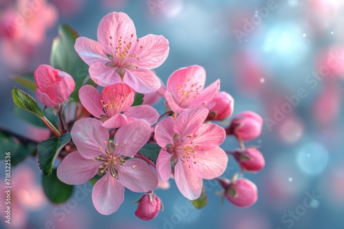 Spring banner with pink blossoms and blooming trees