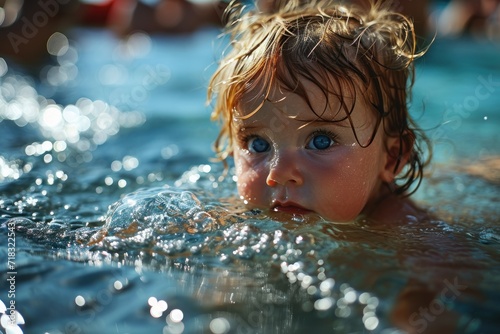 Sporty concept: Teaching a lovely baby to swim in a pool