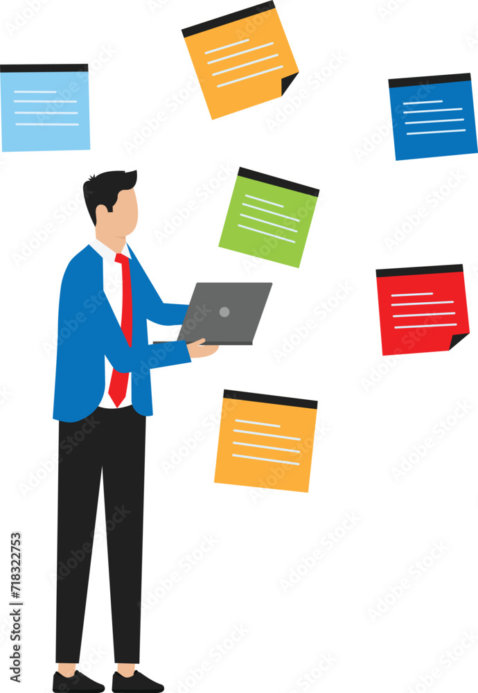 Cute cartoon man writing notes, write on sticky notes develop the business project in the office, brainstorming engaged.
Cute cartoon man writing notes, write on sticky notes develop the business project in the office, brainstorming engaged.