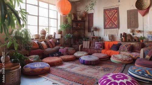 Bohemian living room with eclectic patterns and a mix of floor cushions and low seating