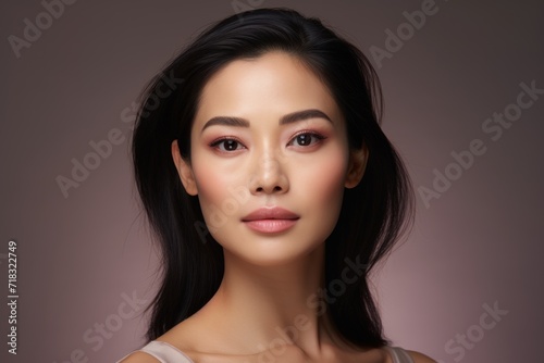 A commercial portrait of Asian beauty isolated on a pastel background in a studio setting