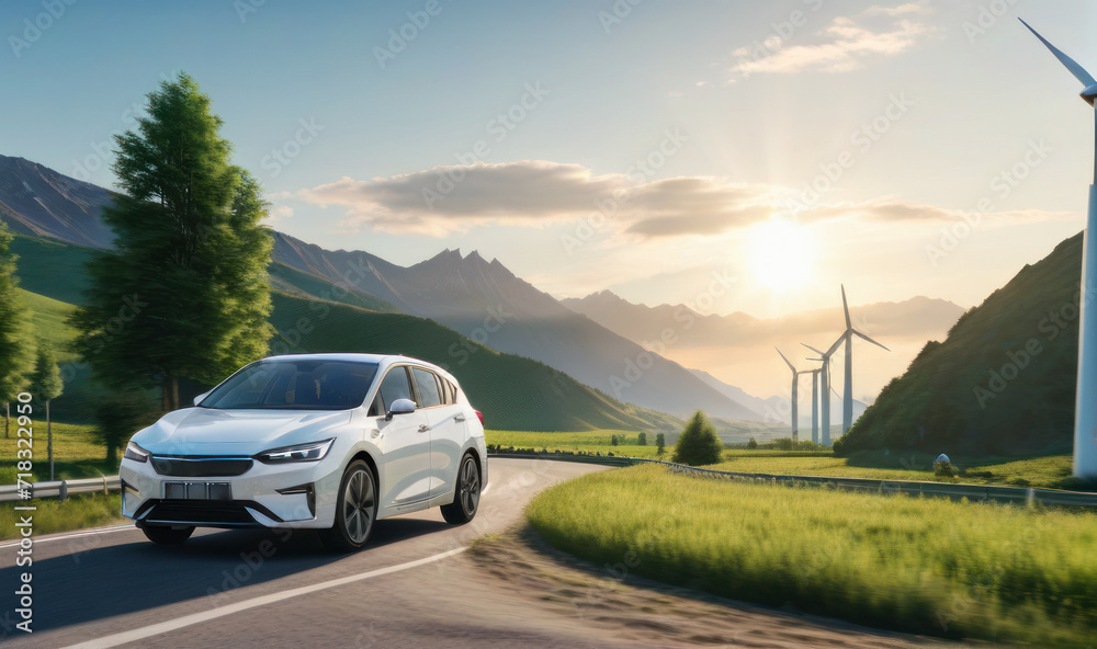 Electric car drive on the wind turbines background,Car drives along green landscape,Electric car driving along windmills farm, Alternative energy for cars, Car and wind turbines farm, 3d