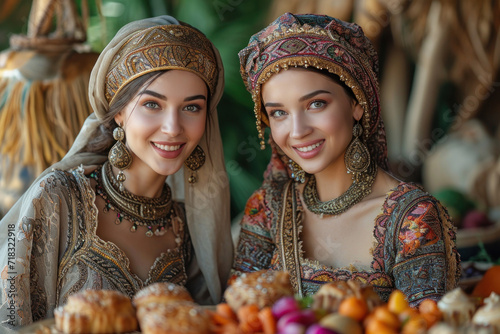 Azeri women and a Novruz tray with traditional pastries photo