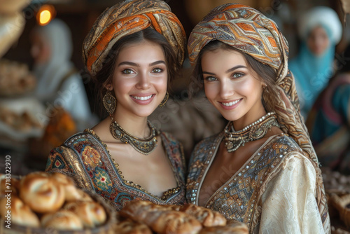 Azeri women and a Novruz tray with traditional pastries photo