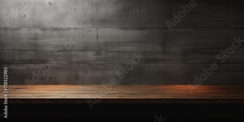 Dark room background with wooden tabletop and concrete block wall.