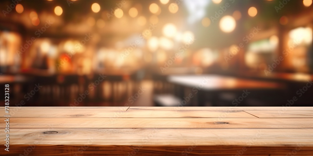 Blurred restaurant or coffee shop background with empty wooden table for product display. Blurred restaurant or coffee shop background with empty wooden table for product display.