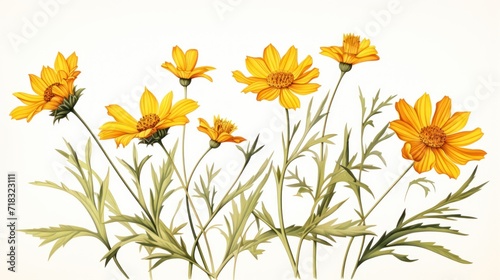  a drawing of a bunch of yellow flowers on a white background with green stems and yellow flowers in the foreground.