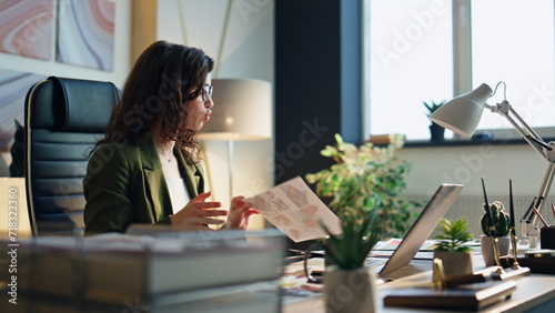 Upset businesswoman talking video conference dissatisfied company work close up.