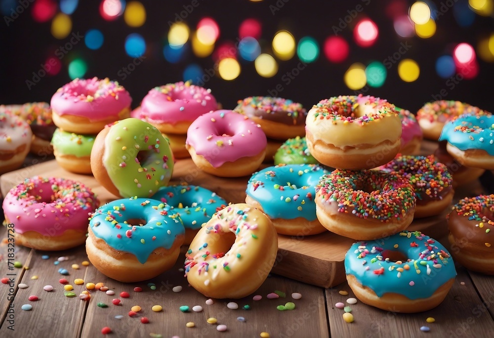 Many colorful frosted cake donuts with candy sprinkles stacked and up on side laying on wood table i (1)
