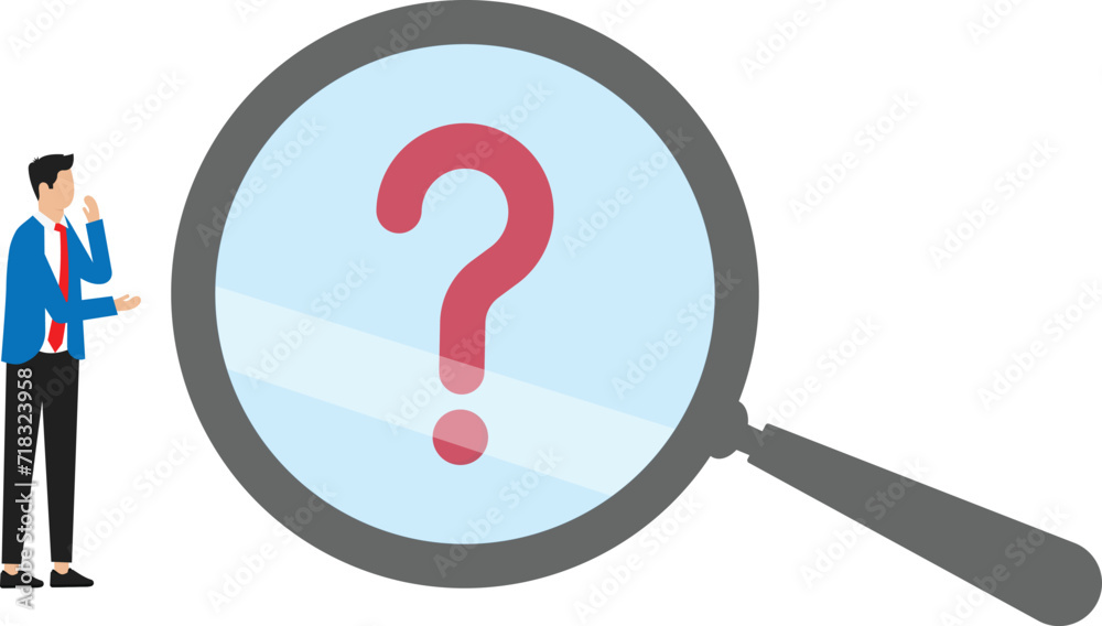 Business man uses a magnifying glass to find questions.
Business man uses a magnifying glass to find questions.
