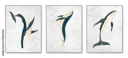Light art background with hand-drawn whales in line art style in gold and blue colors. Animalistic set of posters for decor, print, wallpaper, textiles, interior design.