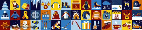 Abstract geometric food, clothes, shoes, shopping and gifts winter background. Winter tires, cars, frost, snow, icicles, hockey, snowboard, skates, sledges, skis. Merry Christmas and Happy New Year!