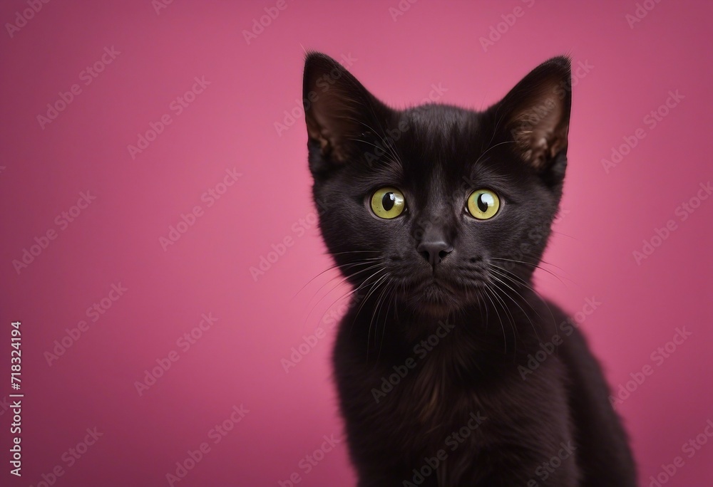 Portrait of a black domestic short hair kitten with yellow green eyes isolated on a mottled pink focused looking at viewer