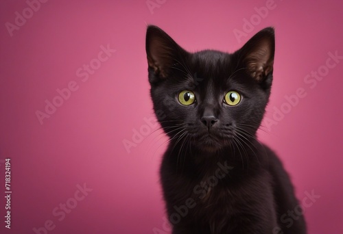 Portrait of a black domestic short hair kitten with yellow green eyes isolated on a mottled pink focused looking at viewer © FrameFinesse
