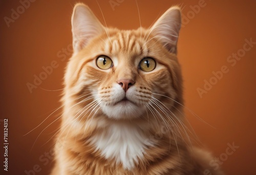Cute orange tabby ginger cat on an orange background looking up to a distance