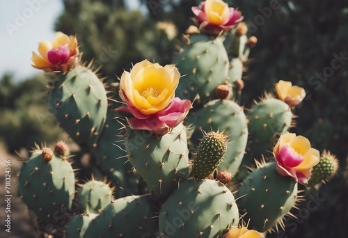 Prickly pear cactus with pink and yellow flowers isolated in nature