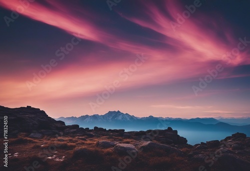Rocky Landscape with Mountains and Blue Sky in Purple Tones