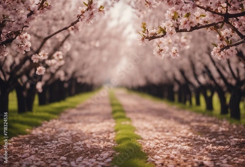 Rows of almond trees blooming petals on ground