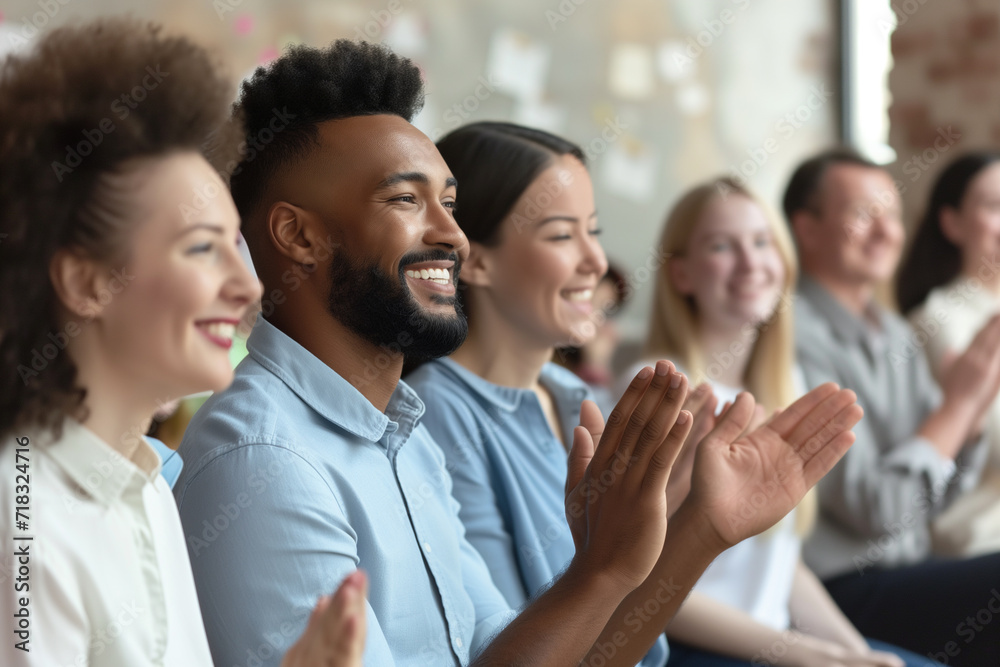 An image capturing the moment of employee recognition with colleagues applauding and celebrating a standout team member. Focus on the joy and appreciation in their expressions, Business team clapping. - obrazy, fototapety, plakaty 