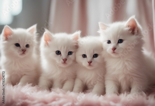 Four fluffy white kittens laying on an off white sheepskin bed looking forward pink background