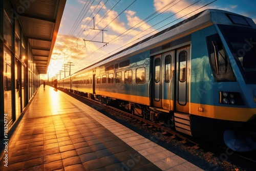 Tranquil sunshine: train reflecting blue sky and scenery on platform