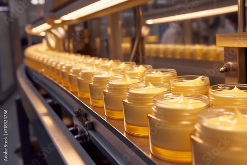 In a brightly lit factory setting, numerous jars filled with a vibrant yellow cosmetic cream are neatly aligned on a modern automated production line, ready for packaging.