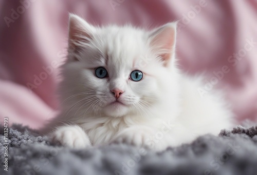 Small fluffy white kitten laying on a fluffy gray blanket sadly looking directly at viewer  © FrameFinesse