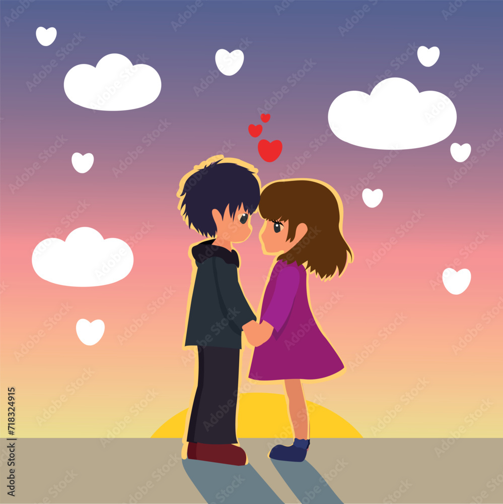 Valentines day Young Animated Couple Sharing a Romantic Moment at Sunset With Heart-shaped Clouds Valentines day Young Animated Couple Sharing a Romantic Moment at Sunset With Heart-shaped Clouds