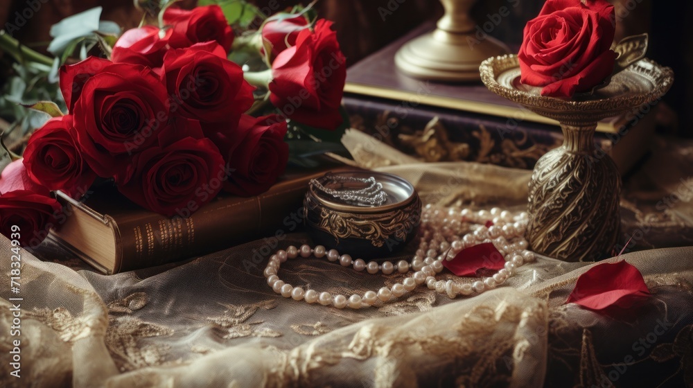 a bouquet of red roses sitting on top of a table next to a box of pearls and a candle holder. a bouquet of red roses sitting on top of a table next to a box of pearls and a candle holder.