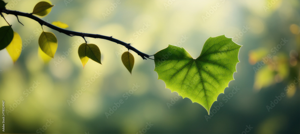 Green Leaf in the Shape of Heart Hanging on Branch, Love Nature Concept Green Leaf in the Shape of Heart Hanging on Branch, Love Nature Concept