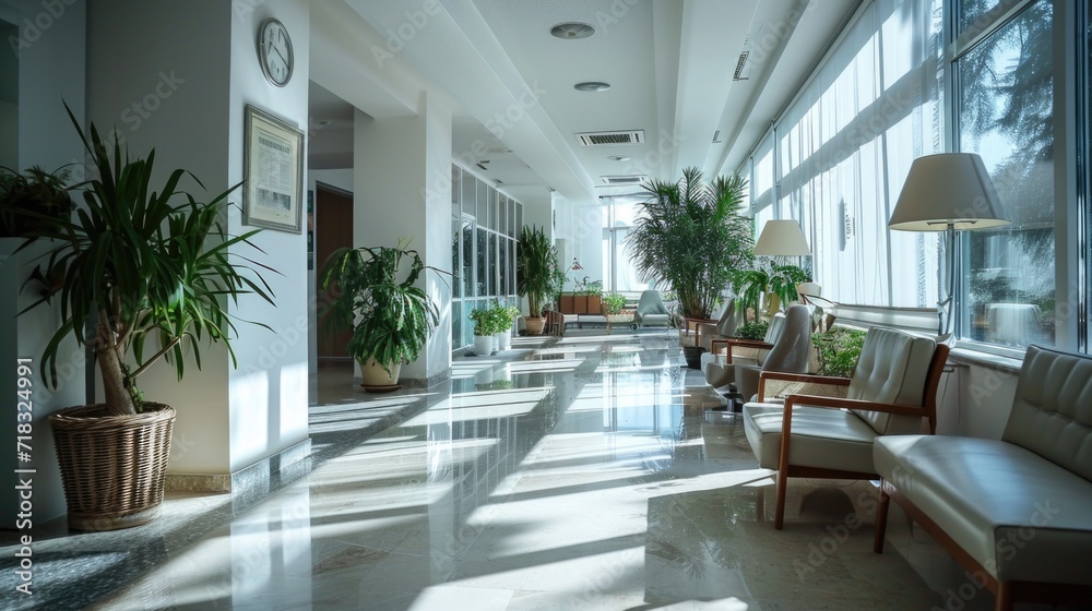 spacious bright corridor of a modern hospital where patients can comfortably await consultations spacious bright corridor of a modern hospital where patients can comfortably await consultations