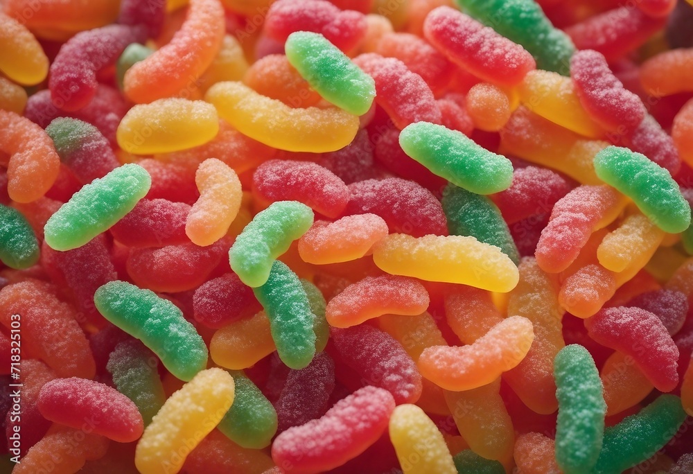 Sour candy gummy worms close up background Covered in granulated sugar