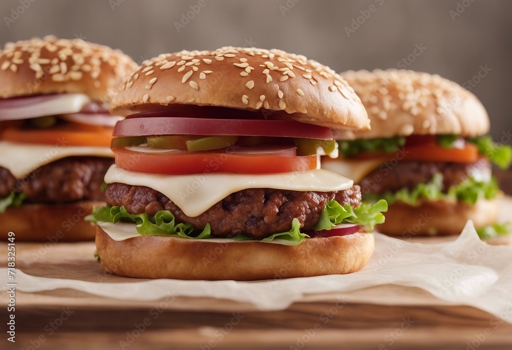 Three delicious hamburgers on parchment paper Three delicious hamburgers on parchment paper