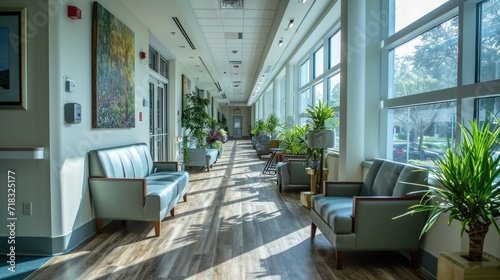 spacious bright corridor of a modern hospital where patients can comfortably await consultations