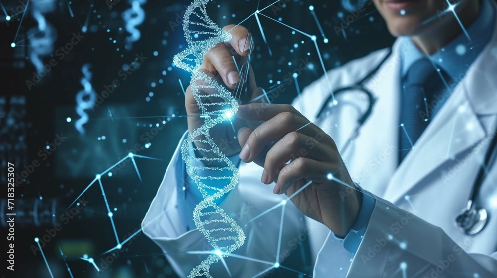 Healthcare and medical. Doctor touching icon DNA and digital healthcare and medical diagnosis of patient with network connection on modern interface. Science, Medical research and development. - obrazy, fototapety, plakaty 