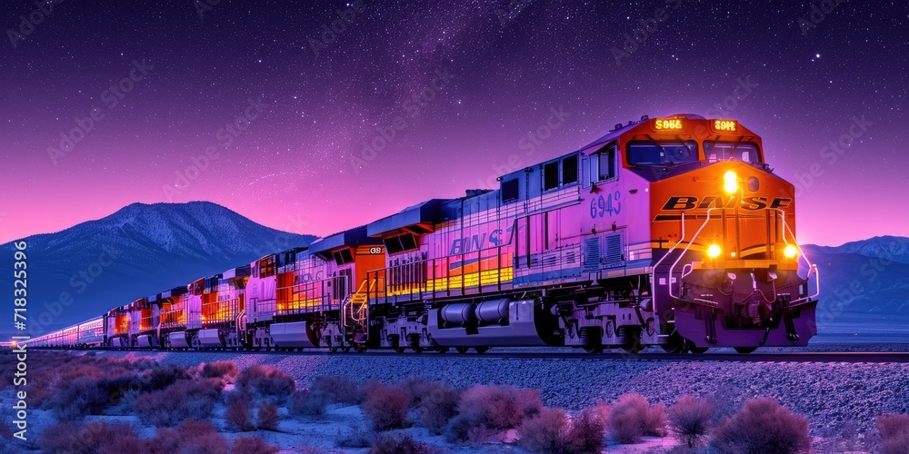 Wide angle close-up shot of a train moving across the landscape at dusk - obrazy, fototapety, plakaty 