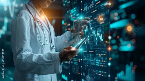 Healthcare business graph and data of Medical business growth, Medical hub on global network, Businessman touch and analyzing data growth of investment, Financial and banking, Health business report photo