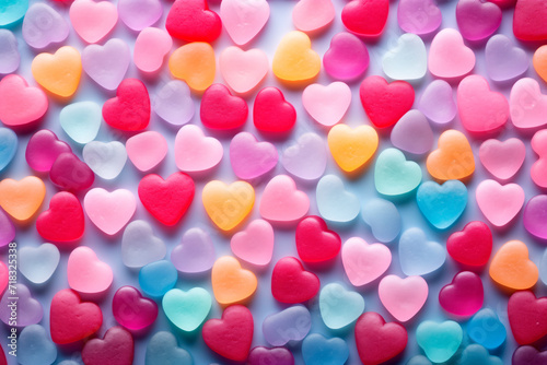 Closeup of pink candy hearts and sweets in shape of love symbol on pink background, for Valentine's day