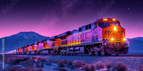Wide angle close-up shot of a train moving across the landscape at dusk photo