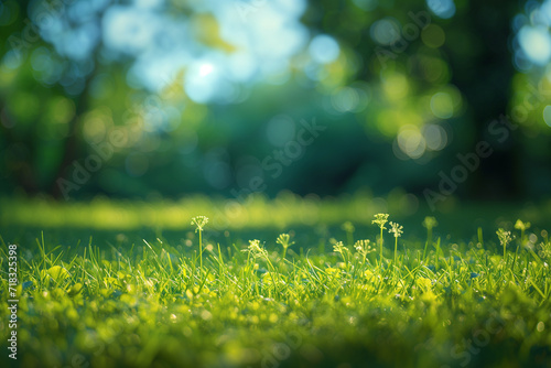 Fresh green sunlit grass and wildflowers in a spring meadow
