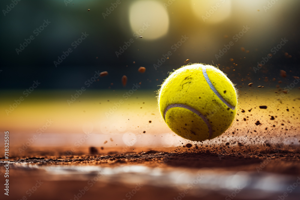 Yellow tennis ball hitting clay court, close up detailed, view. Macro photography of tennis match on a clay court and sport equipment. 