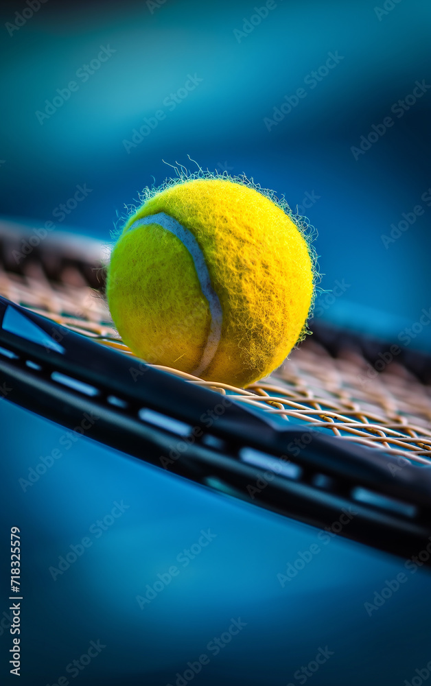 Yellow tennis ball hitting racket, close up detailed view. Macro photography of tennis match and sport equipment.