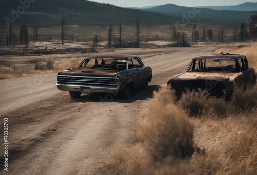 Two cars parked off the road burned in the firestorm Charred landscape in the background © FrameFinesse