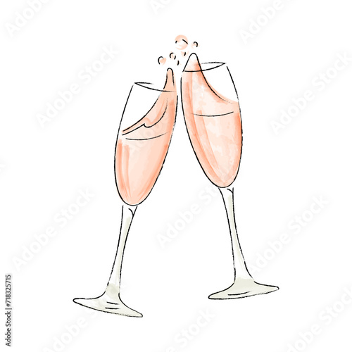 Two doodle champagne glasses. Hand drawn watercolor celebration design. Vector illustration color of the year.