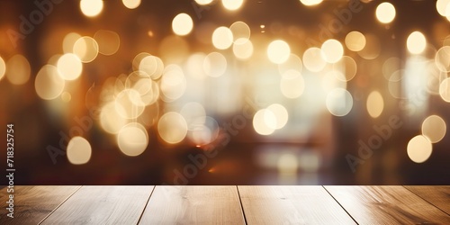 Blurred lights on coffee shop table with bokeh background. Template for product display.