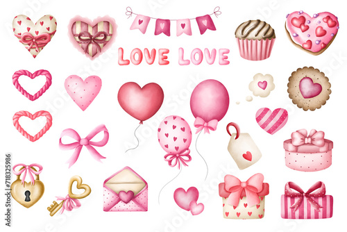 Happy Valentine’s Day png, Valentine’s Day watercolor set, set of pink hearts png, cute happy stickers with hearts, valentines day postcard 