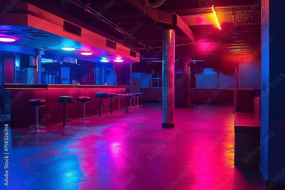 Interior of a night club with neon lights. Night club interior. Interior of a restaurant