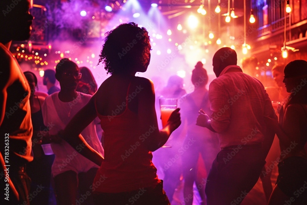 Dancing people at night club in the city. Colorful lights on the background. People dancing in the nightclub Dancing people at night club in the city. Colorful lights on the background. People dancing in the nightclub