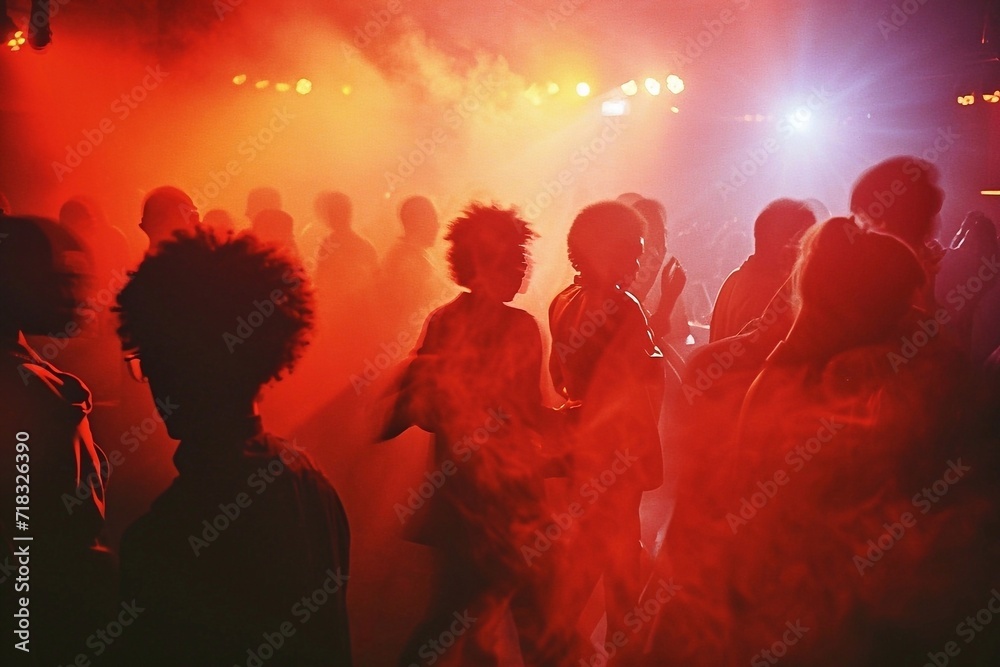 Fototapeta premium Silhouettes of people dancing at a music festival, lights and smoke. Crowd of people dancing at concert
