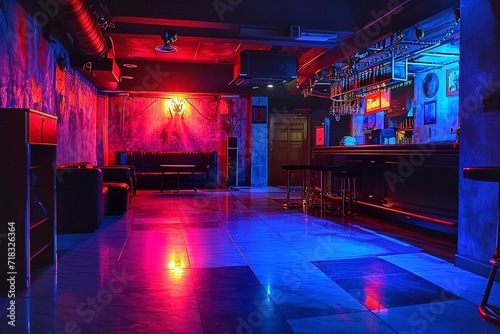 Interior of a night club with red and blue neon lighting and bar counter.